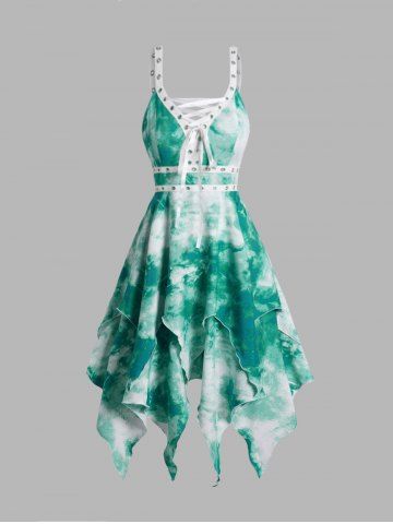 Tie Dye Layered Asymmetrical Hem Grommet Lace Up High Waisted Midi Dress - GREEN - S