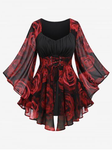 Plus Size Flare Sleeves Rose Flower Printed Lace Up Chiffon Layered Ruched Bust Valentines Top - DEEP RED - 5X | US 30-32