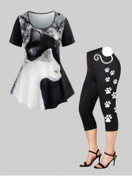 Ink Painting Cats Print T-shirt and Capri Leggings Plus Size Outfits -  