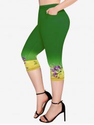 Plus Size Colorblock Flower Print Pockets Capri Leggings -  