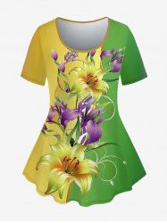 Plus Size Colorblock Flower Print T-shirt -  