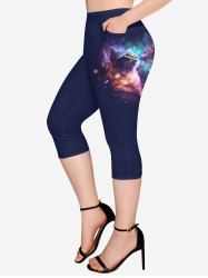 Legging Capri Chat Galaxie Imprimés de Grande Taille avec Poches - Bleu profond 6X