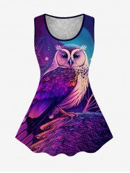 Plus Size Tree Owl Print Floral Lace Back Tank Top -  
