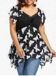 T-shirt Evidé Papillon Imprimé de Grande Taille à Col Plissé - Noir 2X | US 18-20