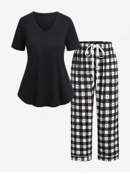 Plus Size V Neck Top and Plaid Heart Print Tied Pants Pajamas Set -  