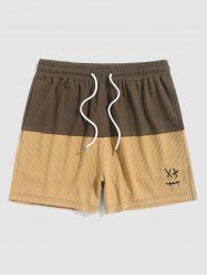 Men's Two Tone Colorblock Ribbed Textured Smile Face Embroidered Drawstring Casual Shorts -  