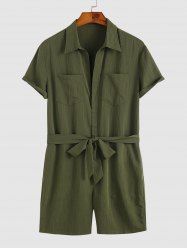 Men's Solid Color Double Front Pockets Design Zip Up Turndown Collar Tie Up Rompers -  