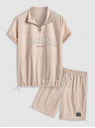 Men's CALIFORNIA WEST COAST Letter Printed Quarter Zip Kangaroo Pocket Design Drop Shoulder Short Sleeves Shirt and Drawstring Hem Shorts Cargo Set -  