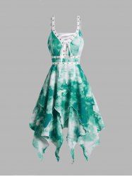 Tie Dye Layered Asymmetrical Hem Grommet Lace Up High Waisted Midi Dress -  