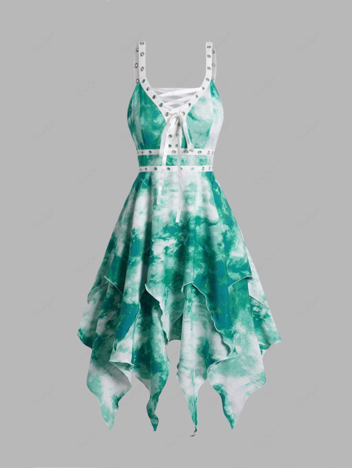 Hot Tie Dye Layered Asymmetrical Hem Grommet Lace Up High Waisted Midi Dress  