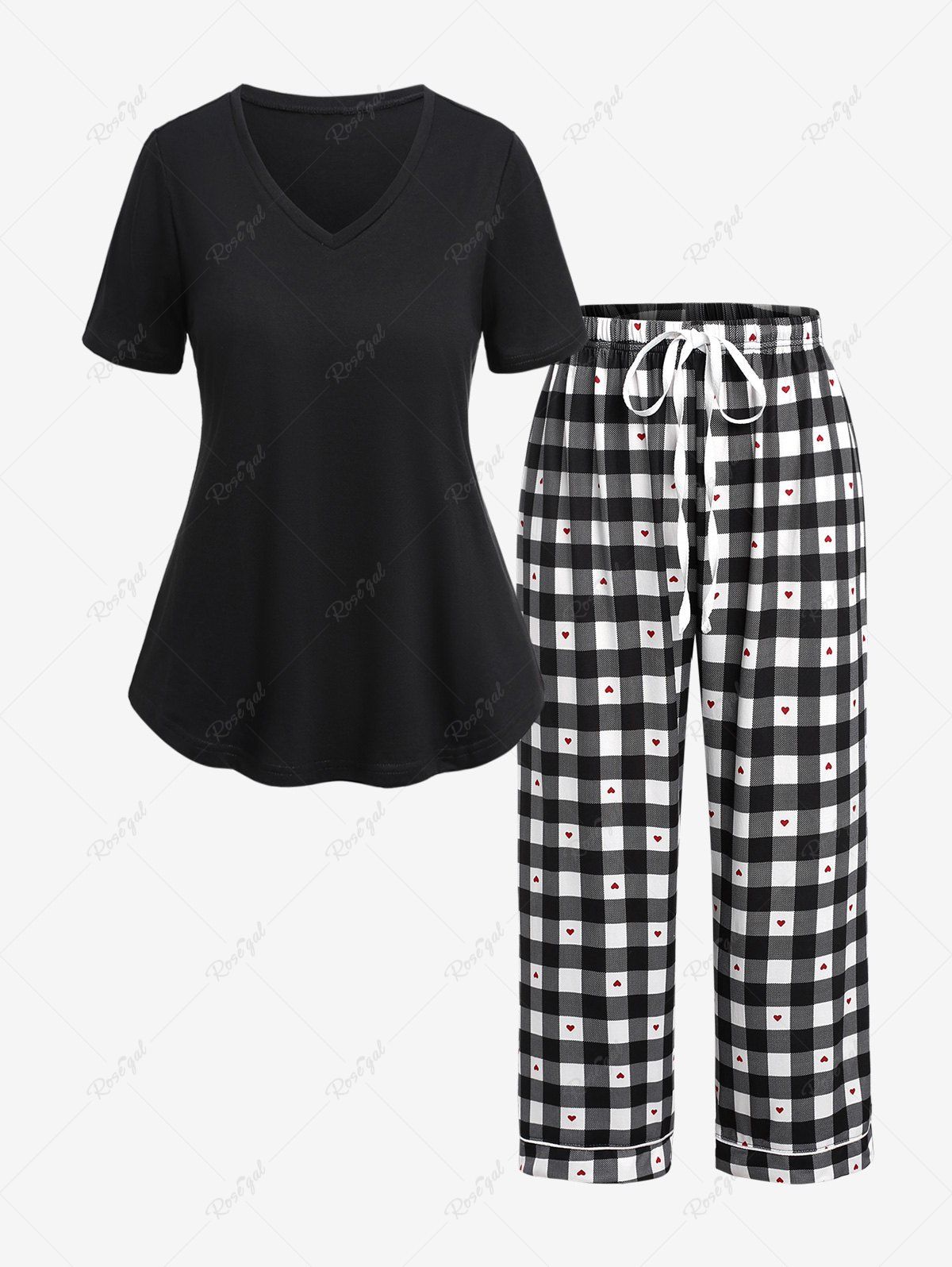 Outfit Plus Size V Neck Top and Plaid Heart Print Tied Pants Pajamas Set  