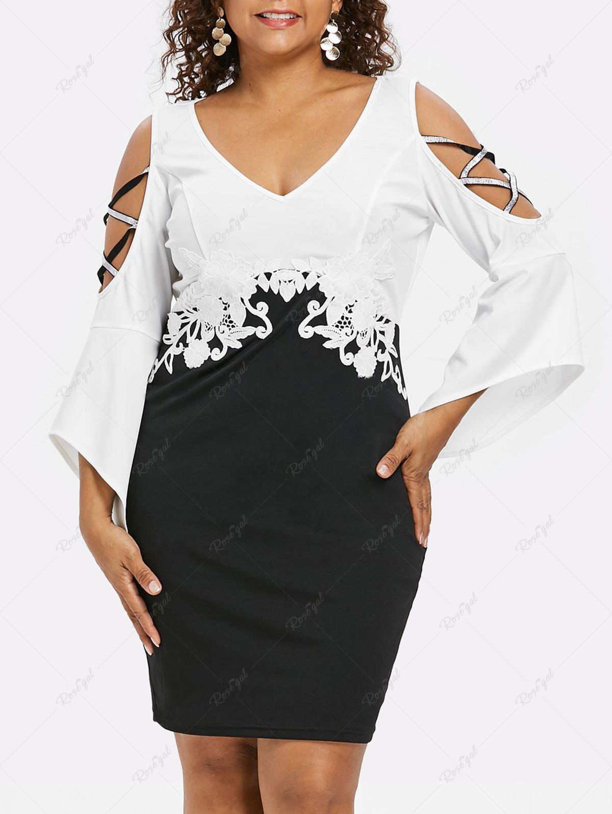Affordable Plus Size Crisscross Flower Trim Cold Shoulder Sheath Dress  