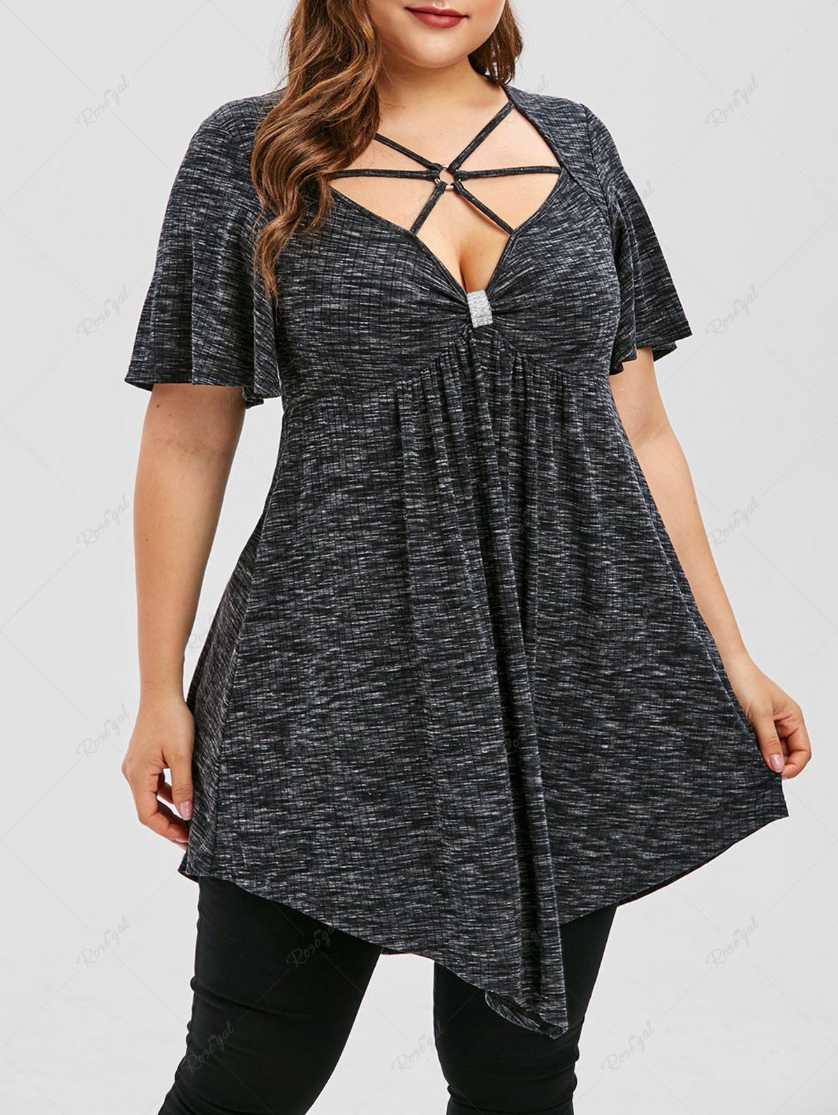 Outfit Plus Size O-Ring Stripes Handkerchief Buckle  Marled Short Sleeves T-shirt  