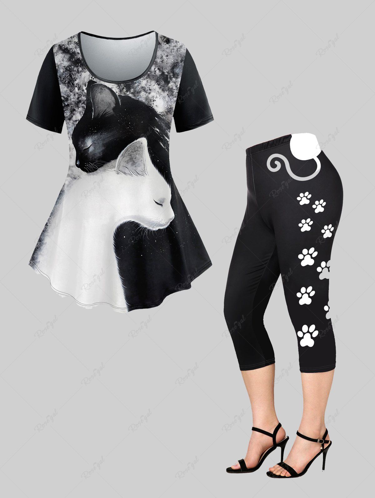Cheap Ink Painting Cats Print T-shirt and Capri Leggings Plus Size Outfits  