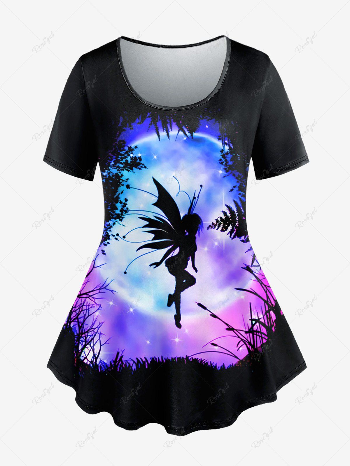 T-shirt Gothique Ange Papillon Galaxie Imprimés à Paillettes Noir 2X