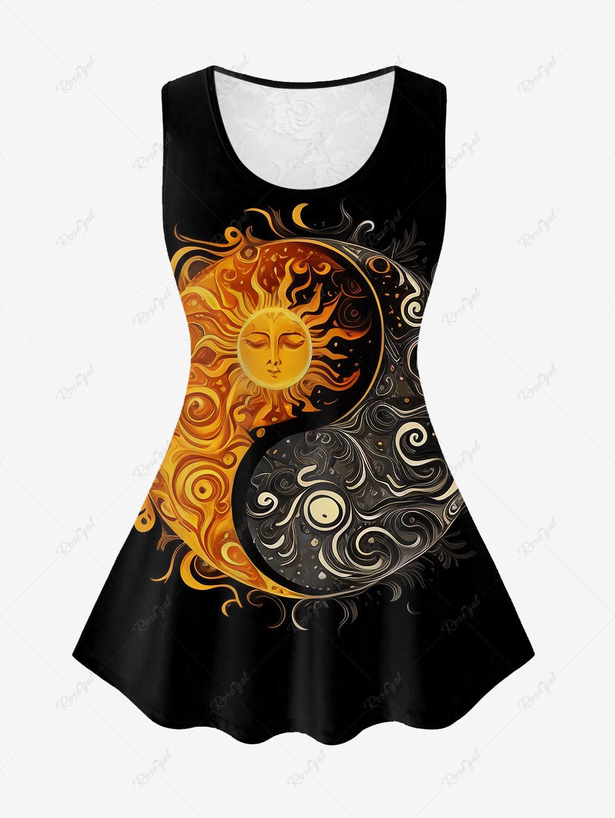 Sale Gothic Floral Lace Back Sun Moon Print Tank Top  