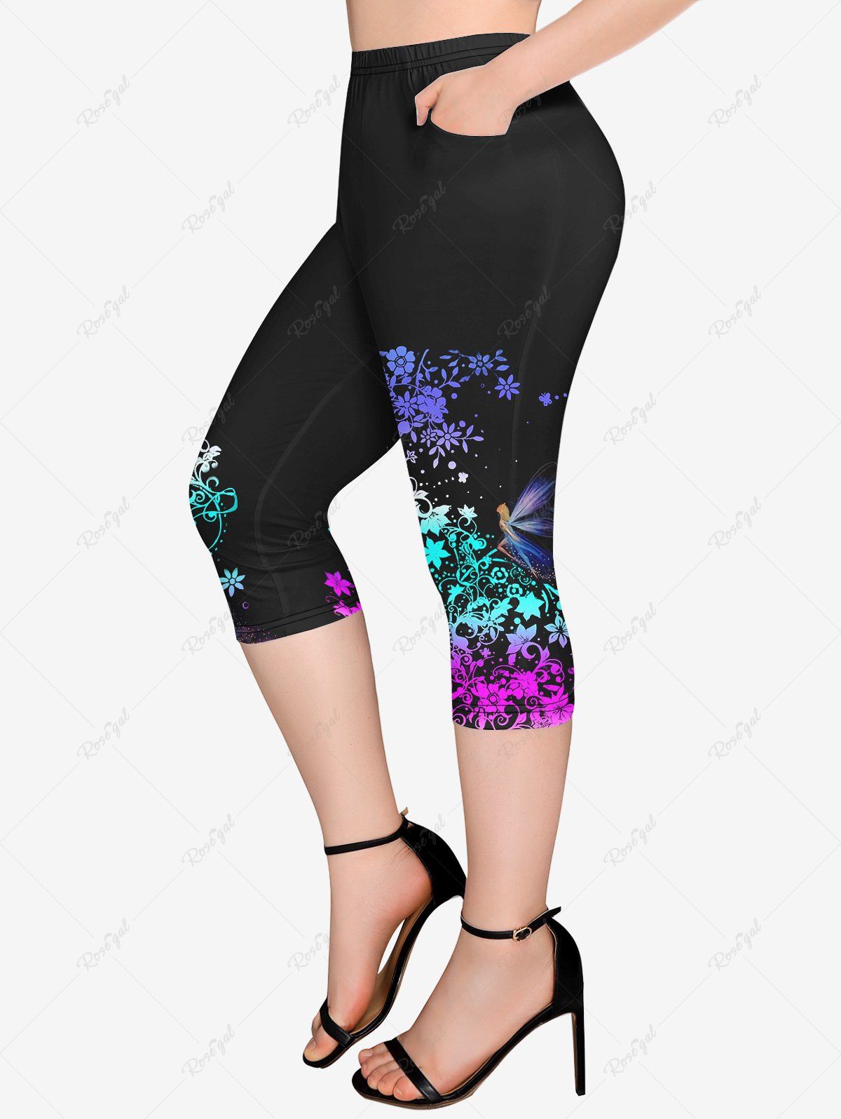 Legging Capri Gothique Fleur et Libellule Imprimées avec Poches Noir 6X