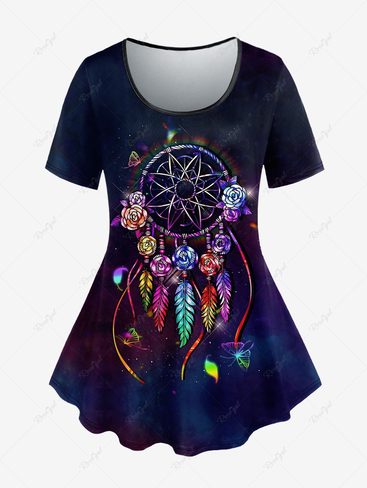 New Plus Size Galaxy Feather Butterfly Flower Dreamcatcher Print T-shirt  
