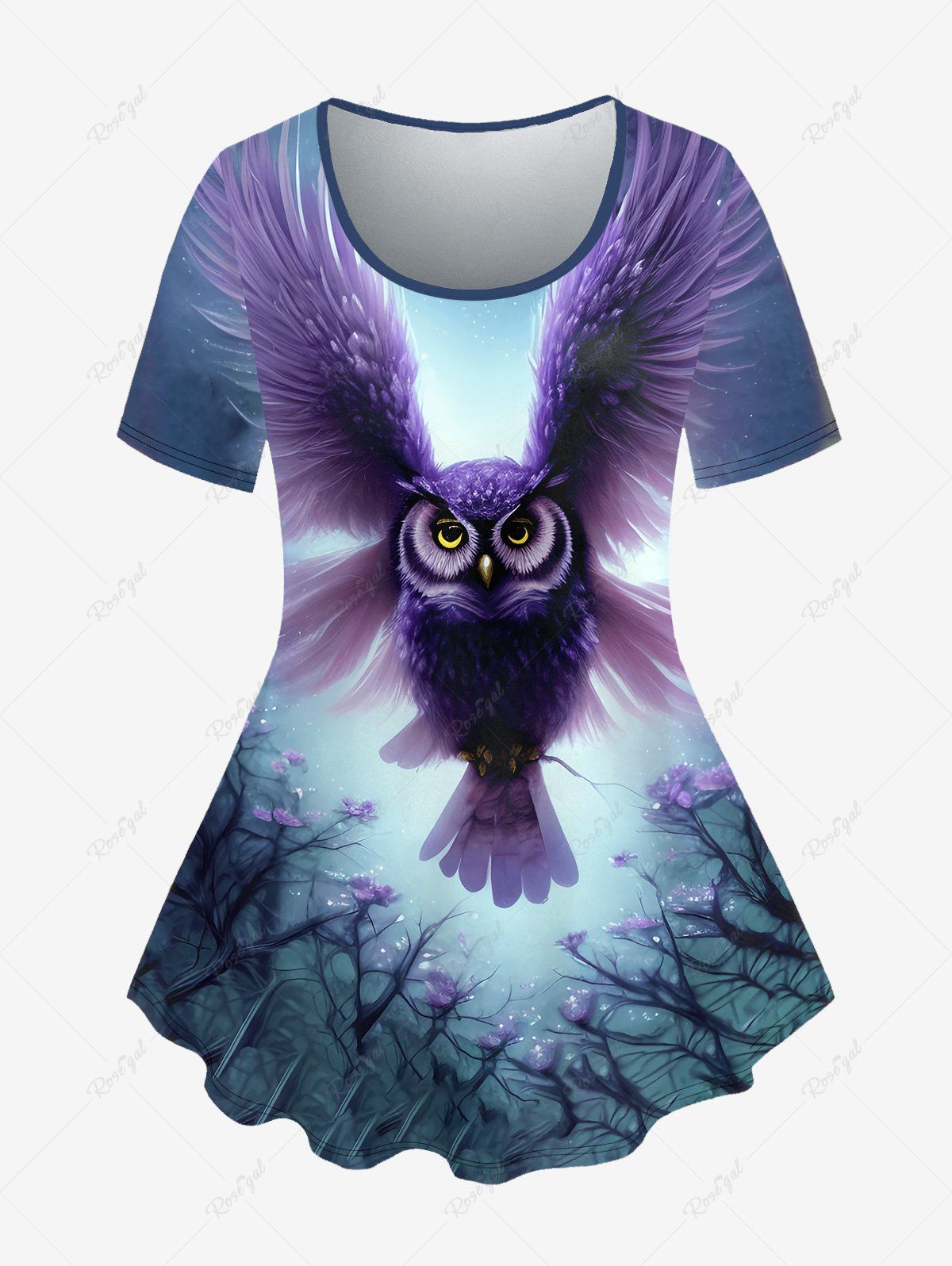 Latest Plus Size Owl Tree Flower Print T-shirt  