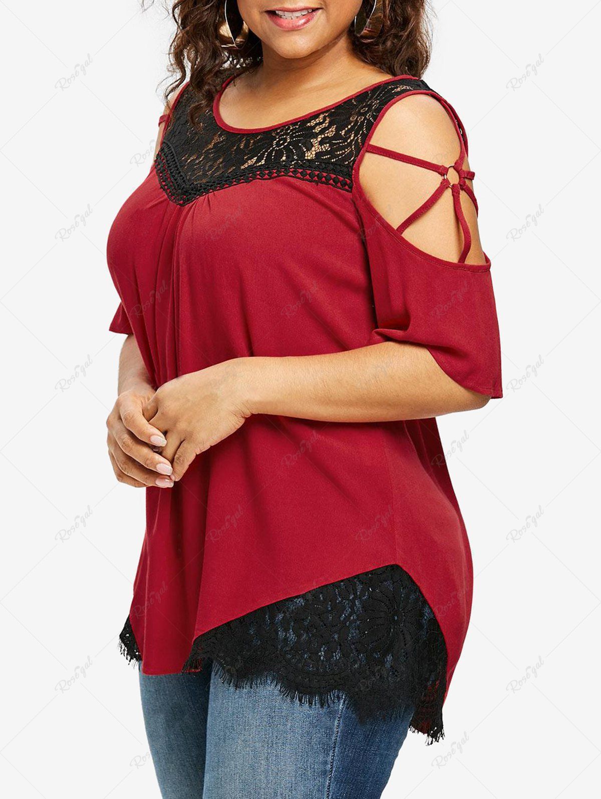 T-shirt Rayé Fleuri Panneau en Dentelle à Epaule Dénudée de Grande Taille Rouge foncé 4X | US 26-28