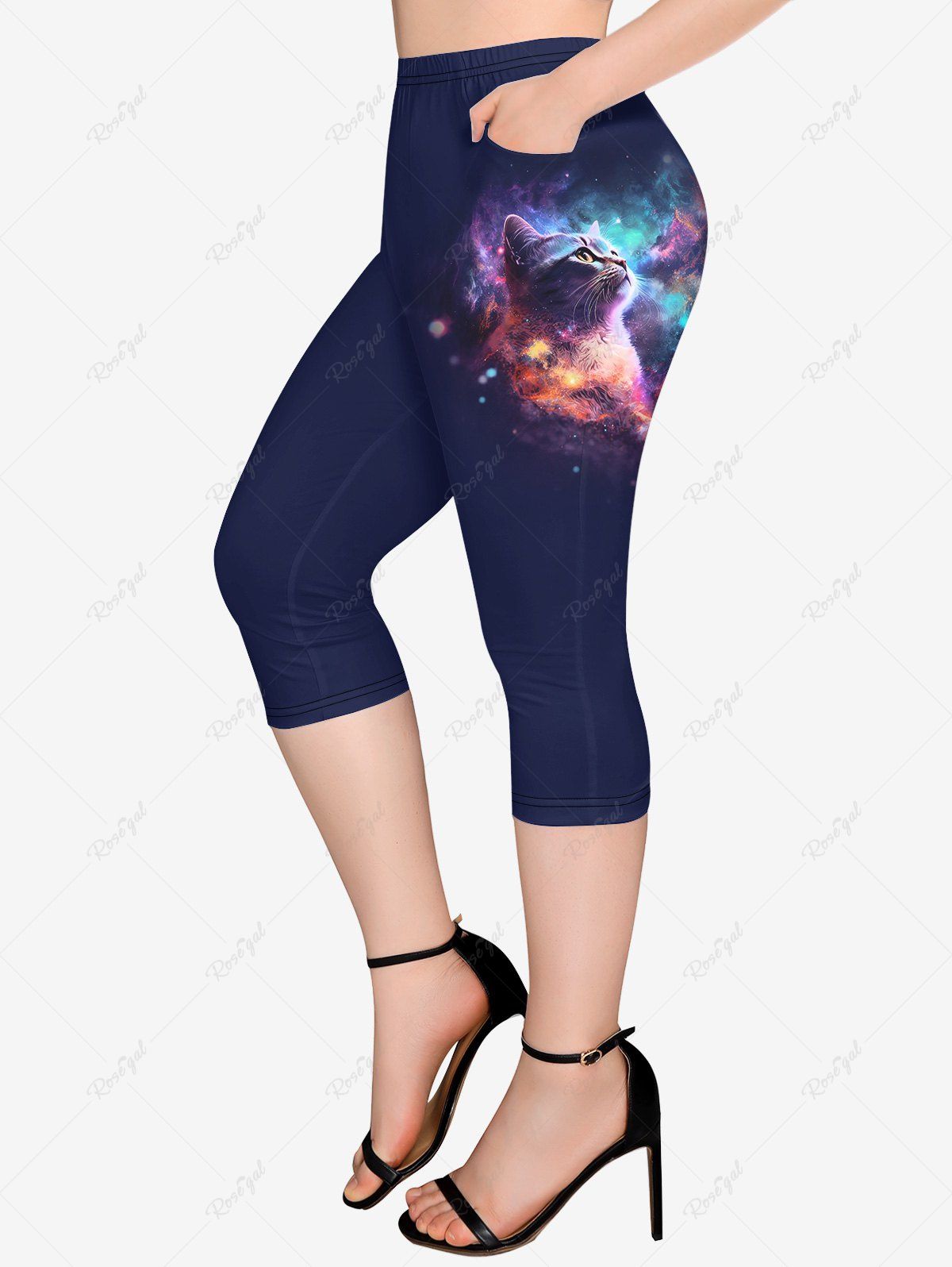 Legging Capri Chat Galaxie Imprimés de Grande Taille avec Poches Bleu profond 6X