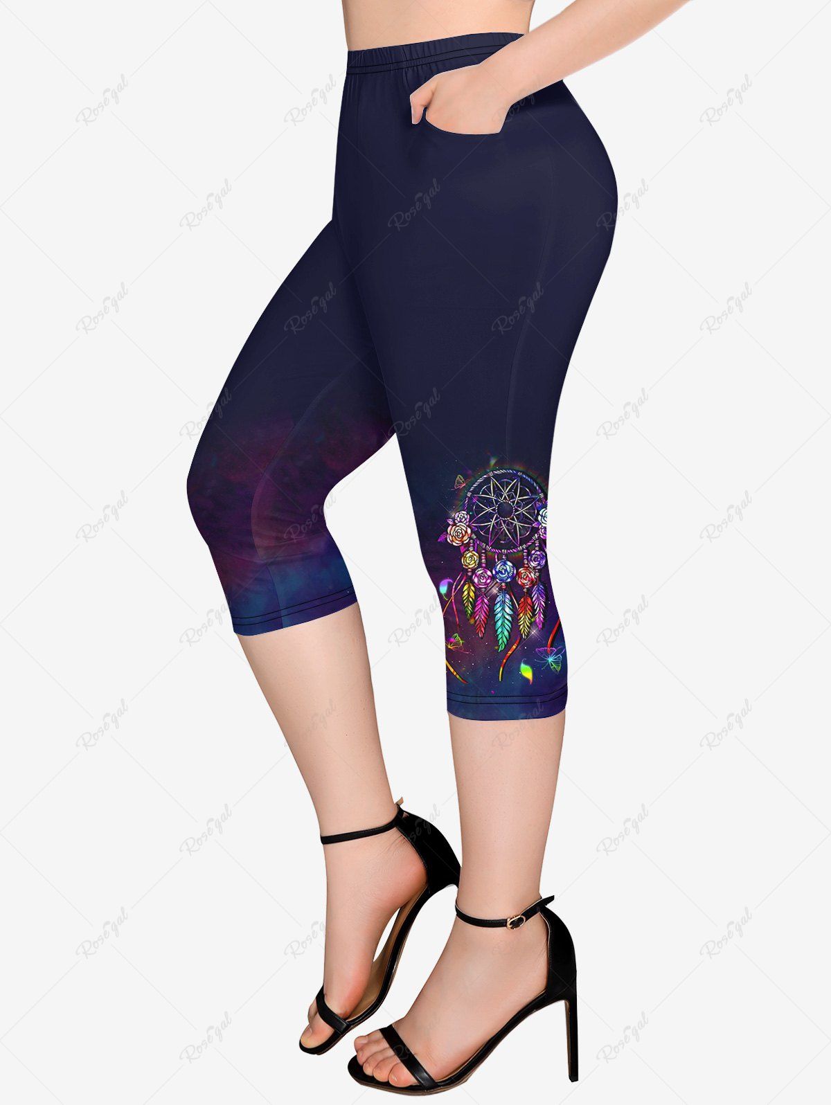 Sale Plus Size Galaxy Feather Butterfly Flower Dreamcatcher Print Pockets Capri Leggings  