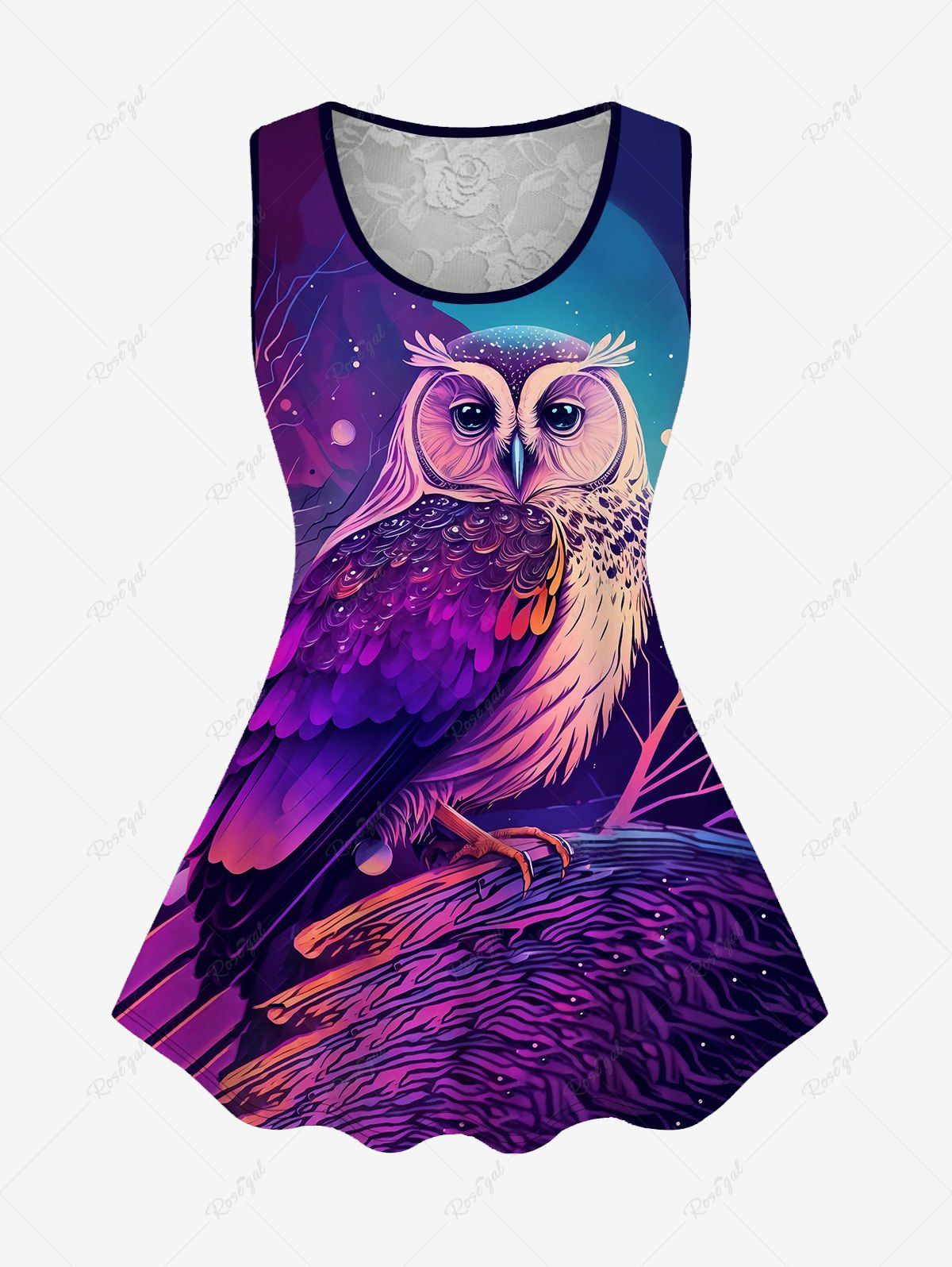Cheap Plus Size Tree Owl Print Floral Lace Back Tank Top  