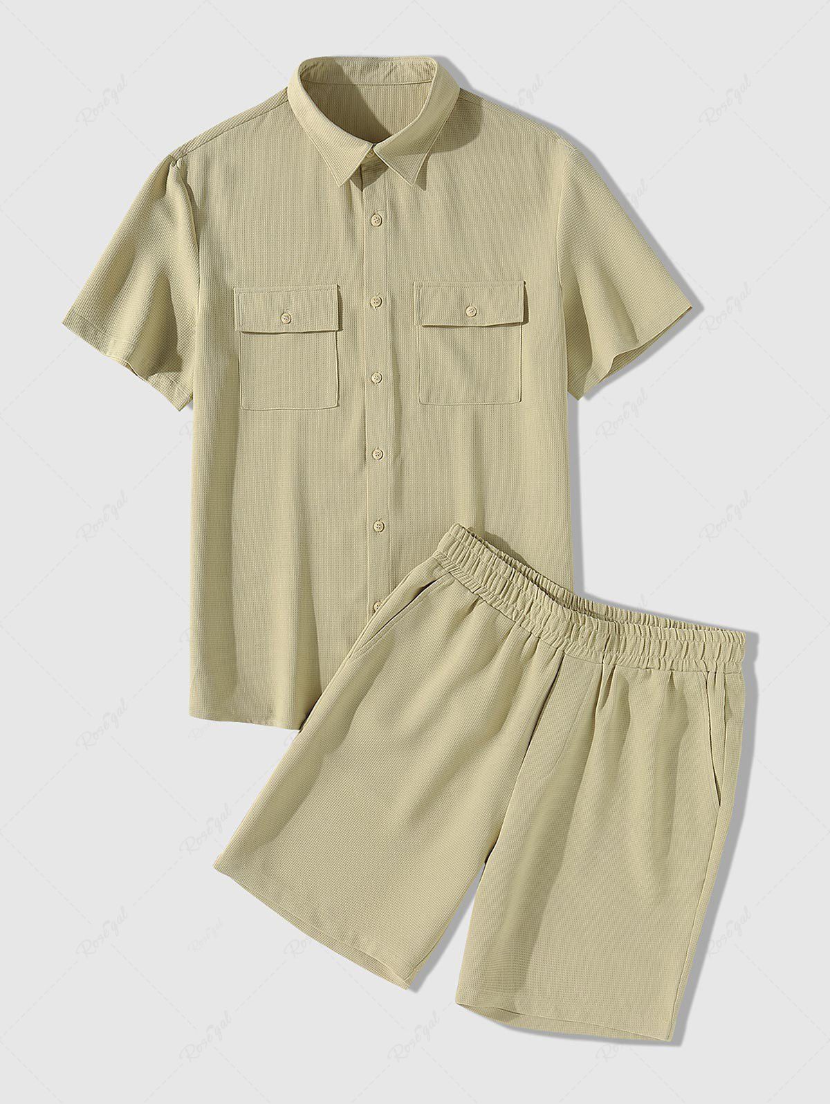 Online Men's Basic Plain Color Double Flap Pockets Design Textured Button Front Short Sleeves Shirt and Shorts Casual Set  