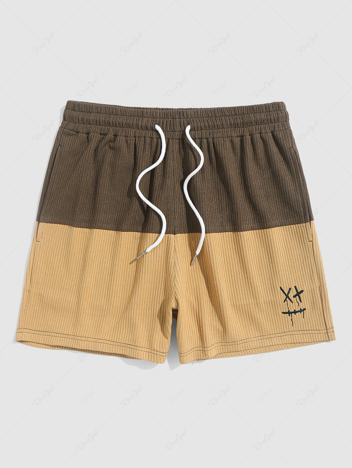 Shops Men's Two Tone Colorblock Ribbed Textured Smile Face Embroidered Drawstring Casual Shorts  