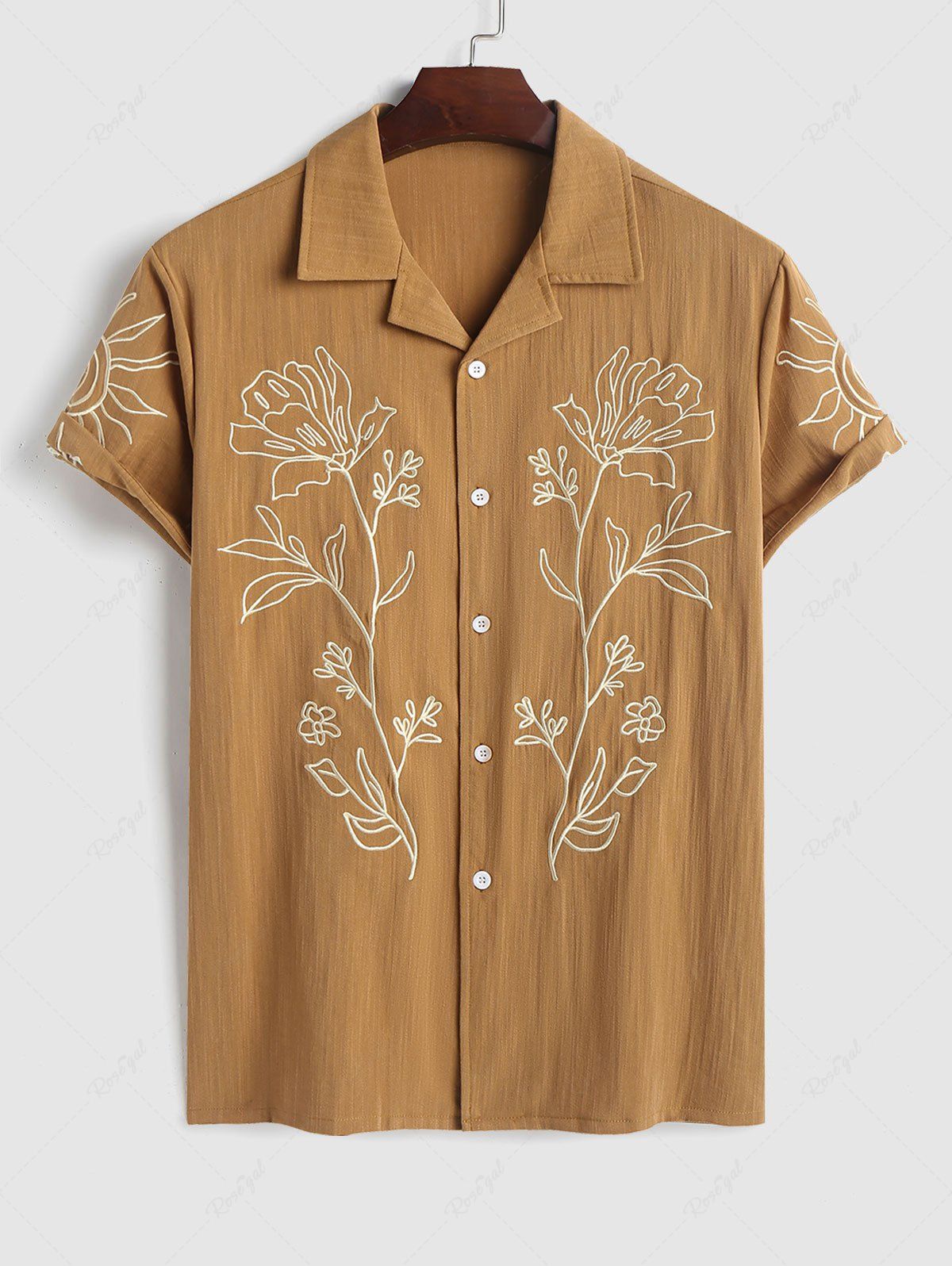 Unique ZAFUL Men's Flower Plant Abstract Embroidery Lapel Collar Short Sleeves Vacation Shirt  