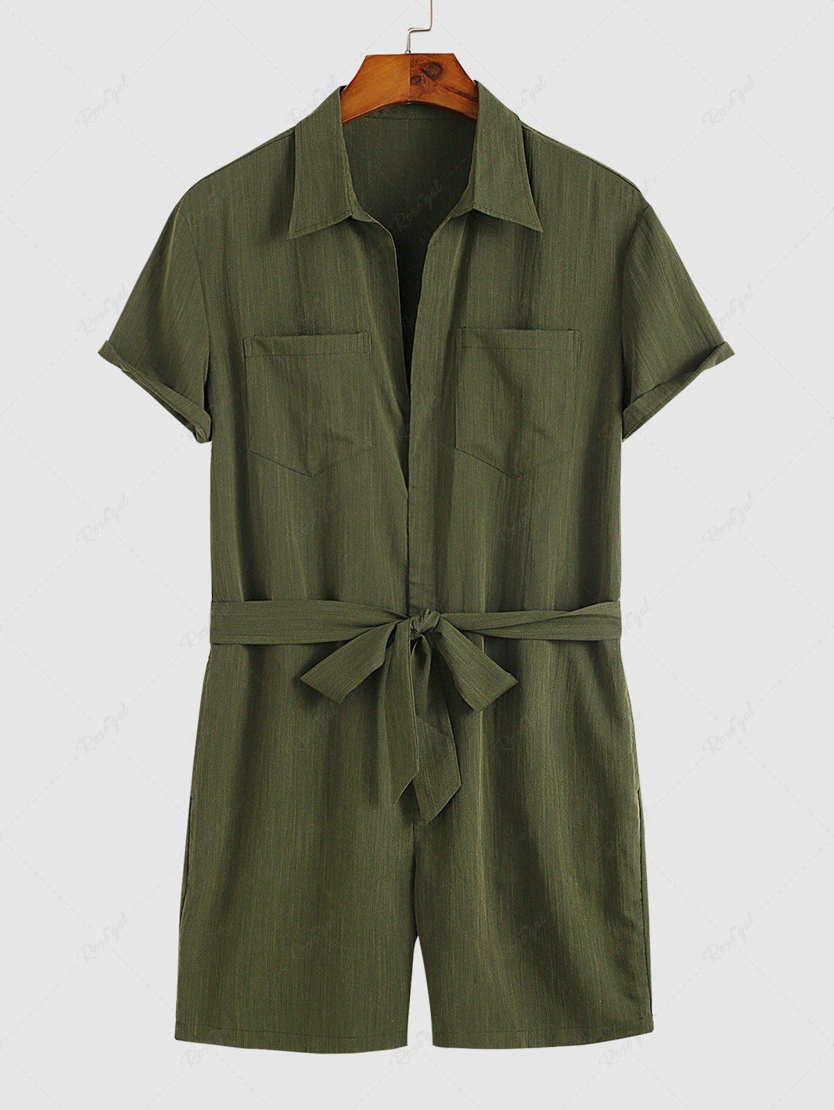 Fancy Men's Solid Color Double Front Pockets Design Zip Up Turndown Collar Tie Up Rompers  