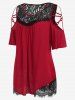 Plus Size Floral Lace Panel Stripes Ring Cold Shoulder T-shirt -  