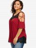 Plus Size Floral Lace Panel Stripes Ring Cold Shoulder T-shirt -  