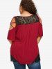 Plus Size Floral Lace Panel Stripes Ring Cold Shoulder T-shirt -  