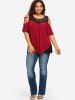 Plus Size Floral Lace Panel Stripes Ring Cold Shoulder T-shirt -  