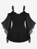 Gothic Cinched Ruched Rings Bell Sleeve Cold Shoulder Top -  
