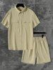 Men's Basic Plain Color Double Flap Pockets Design Textured Button Front Short Sleeves Shirt and Shorts Casual Set -  