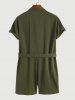 Men's Solid Color Double Front Pockets Design Zip Up Turndown Collar Tie Up Rompers -  