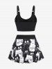 Plus Size Cats Printed Lace Up Skirted Tankini Swimsuit -  