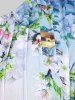 Plus Size Pleated Buttons Flower Bird Print T-shirt -  