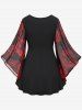 Plus Size Flare Sleeves Rose Flower Printed Lace Up Chiffon Layered Ruched Bust Valentines Top -  