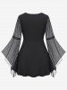 Gothic Plus Size Ruched Chain Panel Buckle Mesh Bell Sleeves T-shirt -  