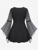 Plus Size Ruched Chain Panel Buckle Mesh Bell Sleeves T-shirt -  