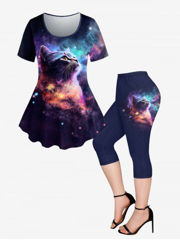 Plus Size Galaxy Cat Glitter Printed T-shirt and Pockets Capri Leggings Outfit