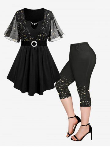 3D Sparkling Sequin Star Printed Chain Panel Belted T-Shirt and  Pockets Stars Printed Capri Leggings Plus Size Outfit - BLACK