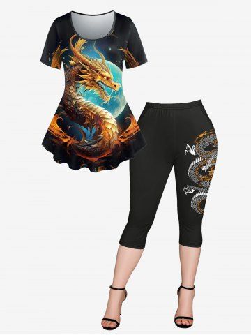 Dragon Moon Print T-shirt And Dragon Print Pockets Capri Leggings Gothic Outfit - BLACK