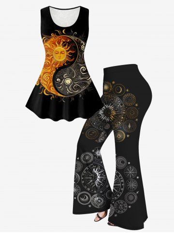 Floral Lace Back Sun Moon Print Tank Top And 3D Sun Moon Star Glitter Print Flare Pants Gothic Outfit - BLACK