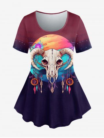 Gothic Sheep Head Feather Colorblock Print T-shirt - RED - XS