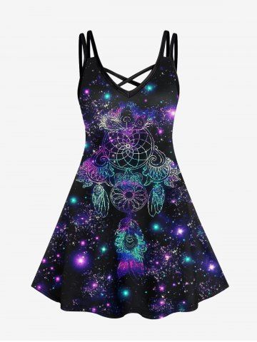 Plus Size Galaxy Glitter Feather Dreamcatcher Print Crisscross Cami Dress - BLACK - S
