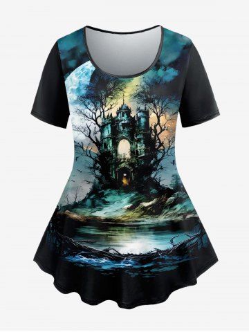 Plus Size Moon Tree Castle Print T-shirt - BLUE - 1X